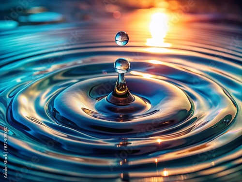 A mesmerizing macro shot of a single water droplet splashing into a calm pool, creating a stunning circular photo