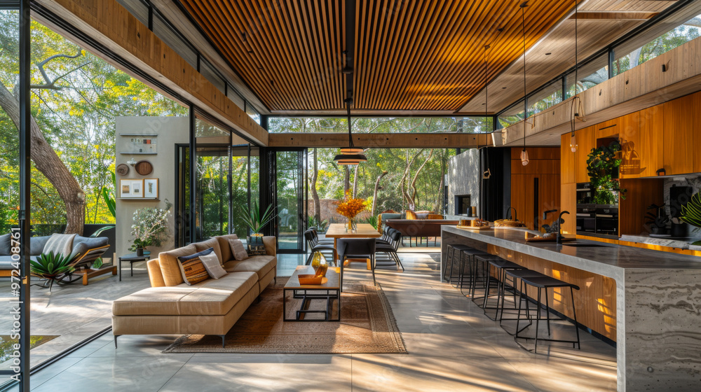 Modern interior design of a living room with a kitchen in the form of a studio. Living room design with wooden ceilings and large panoramic windows. The concept of comfort and interior. Modern interior design of a living room with a kitchen in the form of a studio. Living room design with wooden ceilings and large panoramic windows. The concept of comfort and interior.