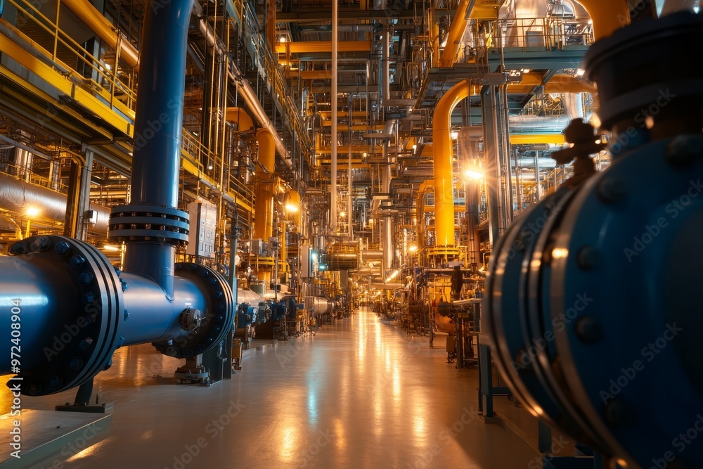 Industrial facility with intricate piping and equipment illuminated by warm lighting during twilight hours Industrial facility with intricate piping and equipment illuminated by warm lighting during twilight hours