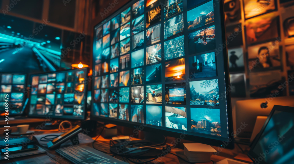 A modern computer with a large screen with many open pictures on it. Technology and modernity concept. A modern computer with a large screen with many open pictures on it. Technology and modernity concept.