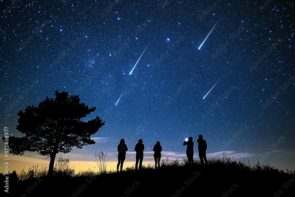 A group of friends stargazing at night, watching multiple shooting stars across a clear, star-filled sky, silhouetted against the horizon with a lone tree A group of friends stargazing at night, watching multiple shooting stars across a clear, star-filled sky, silhouetted against the horizon with a lone tree