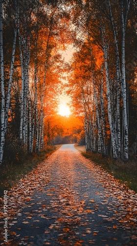 The road is lined with birch trees, the sunset's glow illuminates the autumn leaves on the ground