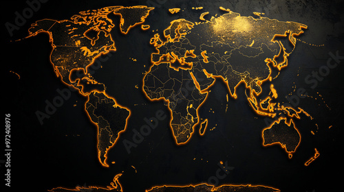 Fototapeta Naklejka Na Ścianę i Meble -  2D flat world map with the background in black and illuminated orange-gold outlines of continents and countries