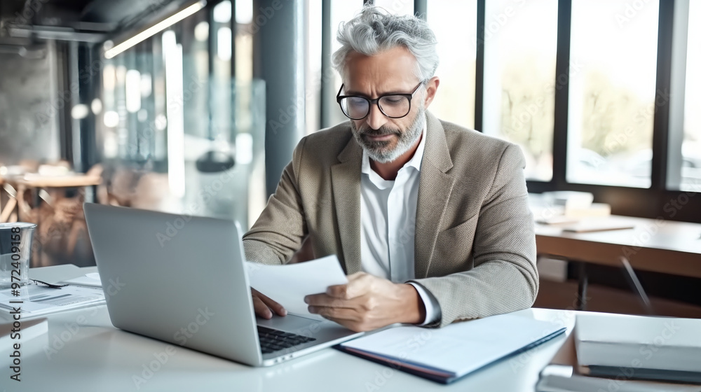 A photograph of an attractive middle-aged man in glasses, sitting at his desk with papers and a laptop, contemplating the marketing plan for his company. A photograph of an attractive middle-aged man in glasses, sitting at his desk with papers and a laptop, contemplating the marketing plan for his company.