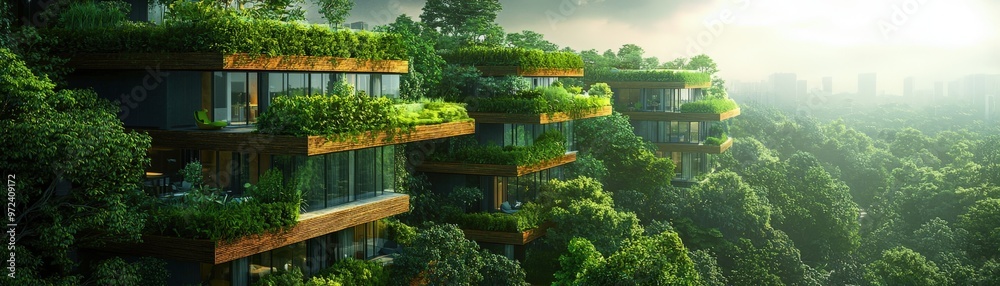 Sustainable urban housing with green tech, representing eco-friendly living. Sustainable urban housing with green tech, representing eco-friendly living.