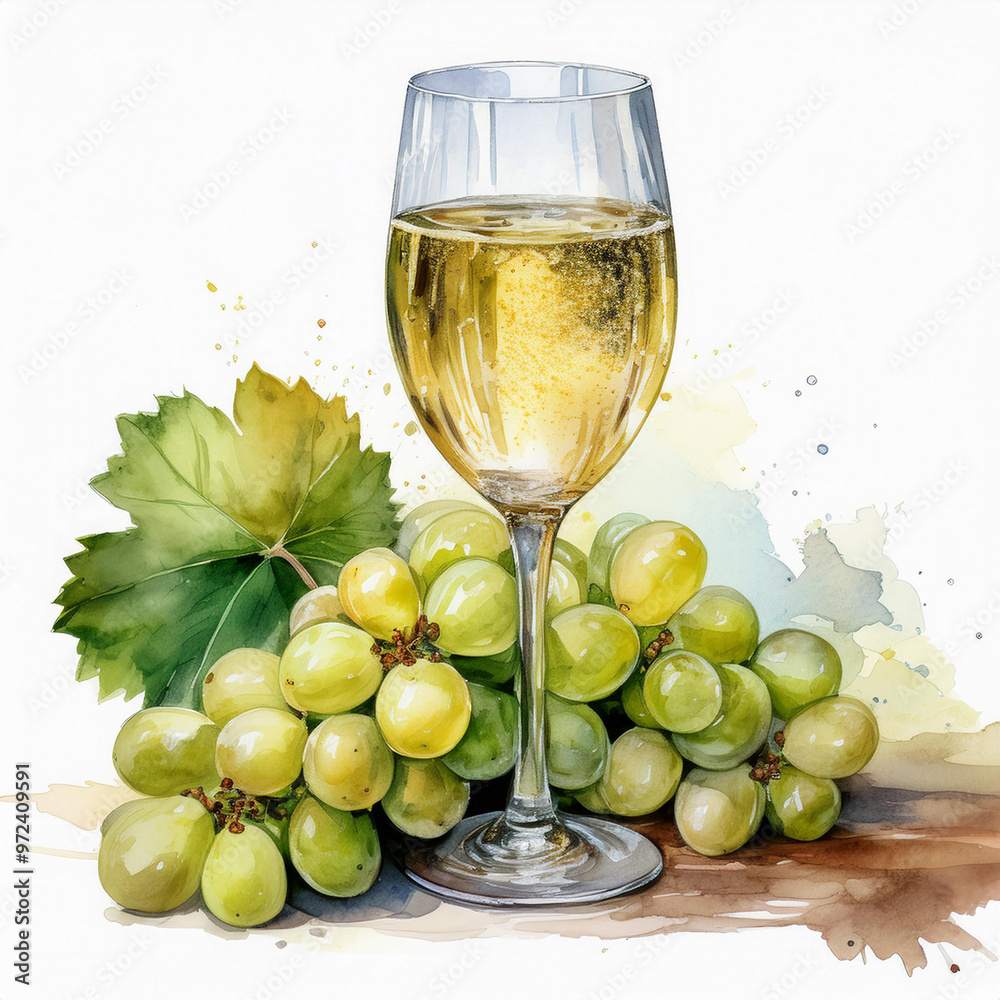 Watercolor painting of sparkling wine in glass and fresh grapes. Alcoholic drink. Tasty beverage. Watercolor painting of sparkling wine in glass and fresh grapes. Alcoholic drink. Tasty beverage.