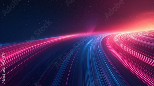Vibrant digital abstract with flowing lines of pink and blue, representing speed and energy in a futuristic landscape. Product presentation background.