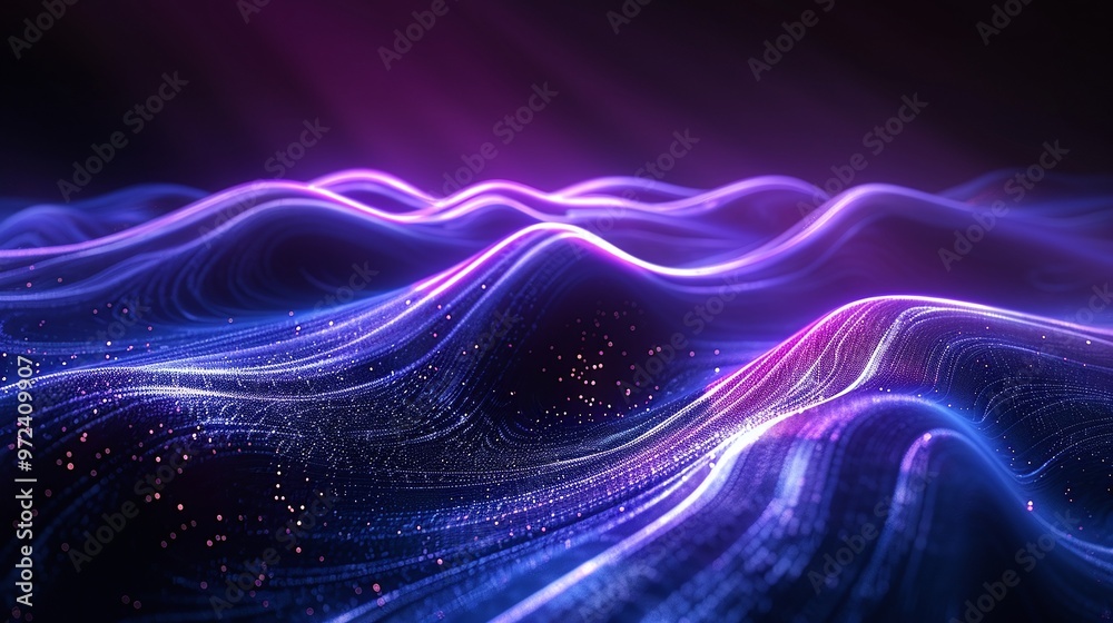 Vibrant digital waves of light create a stunning visual experience, evoking motion and depth in a cosmic space. Product presentation background. Vibrant digital waves of light create a stunning visual experience, evoking motion and depth in a cosmic space. Product presentation background.