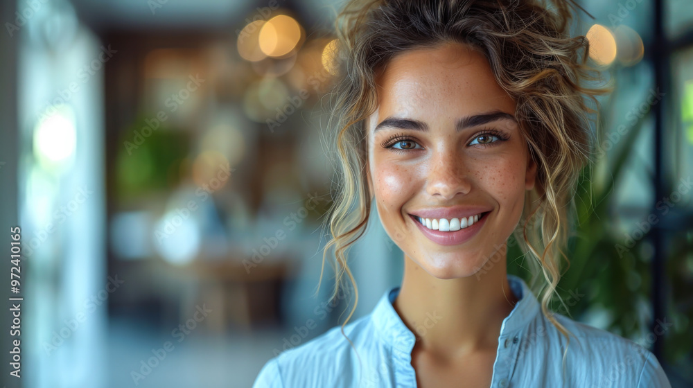 A portrait of a smiling woman in business clothes stands against the backdrop of a modern, bright office. Lifestyle.