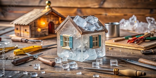 A miniature house made of ice cubes sits on a workbench amidst renovation tools and debris, symbolizing creative photo