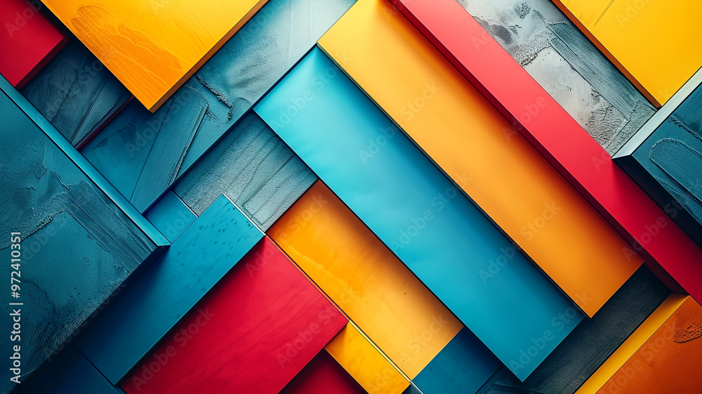 Vibrant geometric shapes in a striking arrangement of colors on a wooden surface