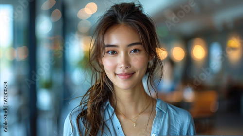 Wallpaper Mural A portrait of a smiling woman in business clothes stands against the backdrop of a modern, bright office. Lifestyle. Torontodigital.ca