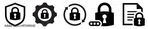 lock icon set. Locked padlock with password. Shield icon. Encryption, encoding information line icon. Cyber Privacy concept. Keyhole icon. Vector illustration