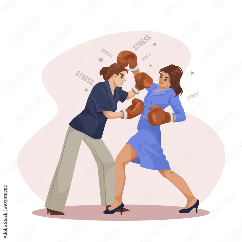 Two women in business attire wearing boxing gloves, symbolizing stress at work. Minimalist style on a white and pink background. Concept of workplace stress. Vector illustration