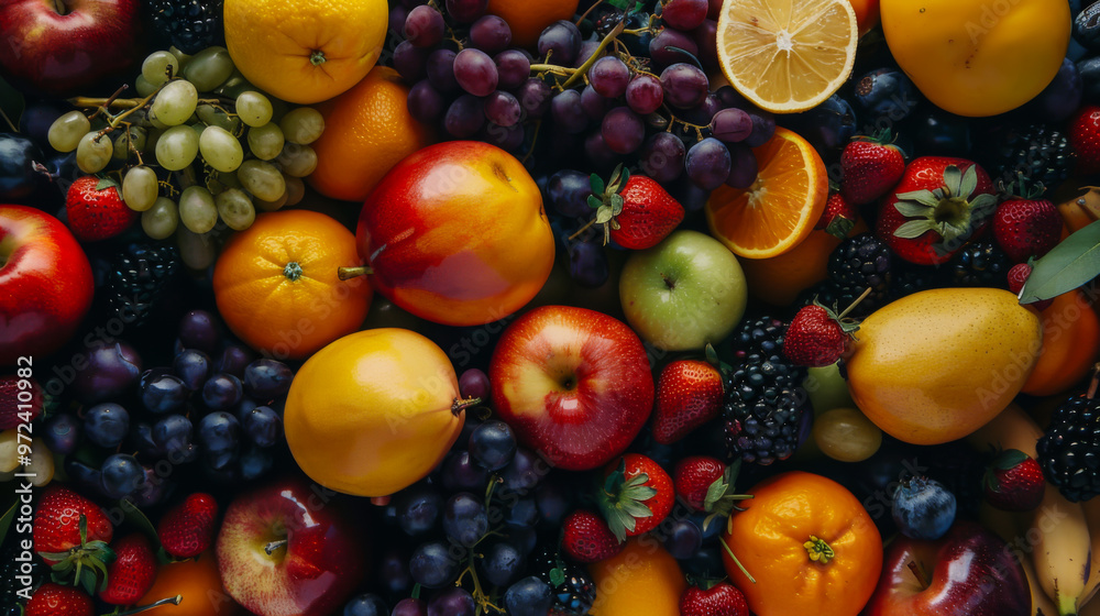 Top view of many different fruits on the table. Various fruits and berries on the table. Fruit, food concept. Top view of many different fruits on the table. Various fruits and berries on the table. Fruit, food concept.