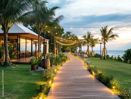 A serene pathway lined with lights and palms, leading to a beautiful beachfront venue at sunset.