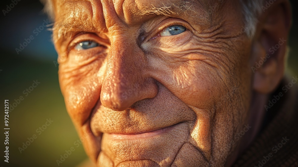 Gentle Wisdom - Close-up Portrait of Elderly Man Embracing Golden Hour Light with Kind Smile and Wrinkled Features Gentle Wisdom - Close-up Portrait of Elderly Man Embracing Golden Hour Light with Kind Smile and Wrinkled Features