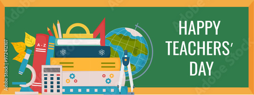 Horizontal banner for international teachers' day with school equipment and blackboard.