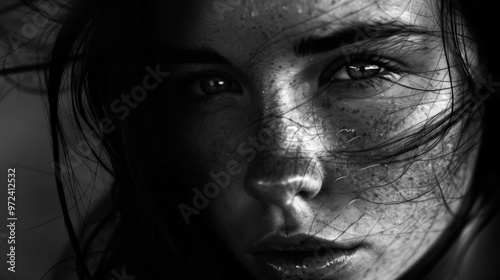 Close-up of a beautiful woman with flowing hair on a plain background. Black and white photography. Beauty concept. Lifestyle.