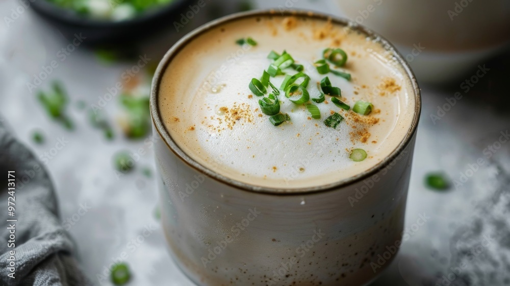 scallion latte with a sprinkle of herbs or spices on top for added flavor scallion latte with a sprinkle of herbs or spices on top for added flavor