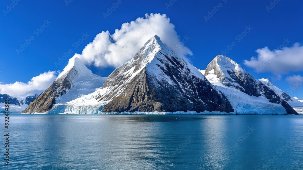 A large mountain range with snow on it is sitting in the water, AI A large mountain range with snow on it is sitting in the water, AI