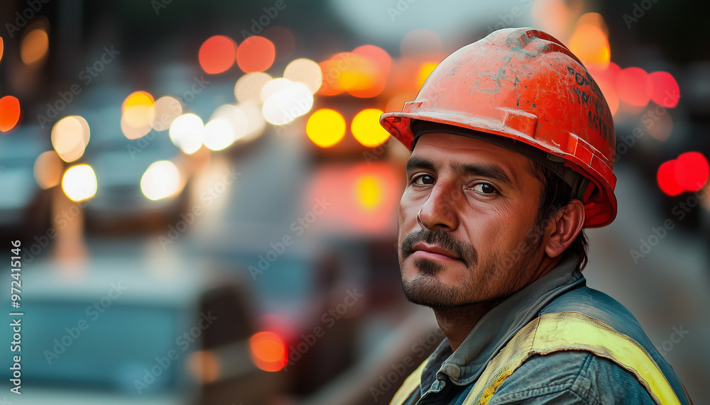 Fototapeta premium A construction worker taking a break on the side of a busy road