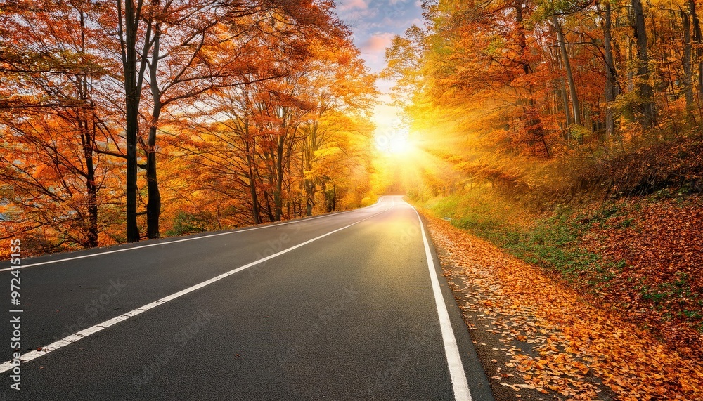 Fototapeta premium Fall background, Autumn Road to Serenity: Golden Sunlight and Fall Foliage