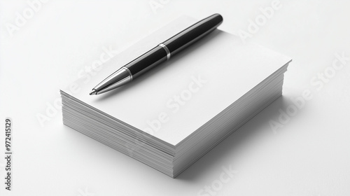 A stack of business cards and a stylish pen, representing networking and professional identity, isolated on a white background photo