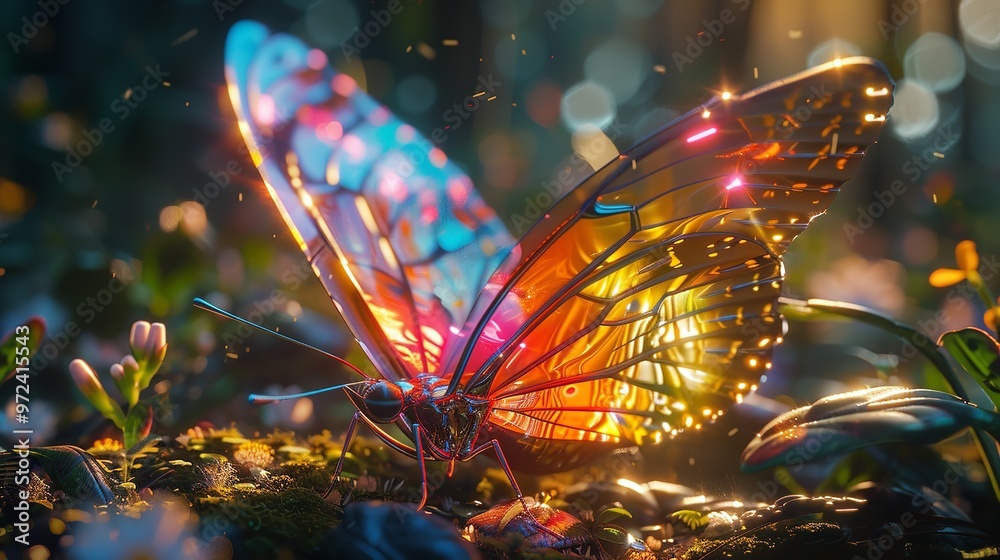 Golden hour butterfly on a bright flower, light mist on leaves, illustrating tech-nature synergy Golden hour butterfly on a bright flower, light mist on leaves, illustrating tech-nature synergy