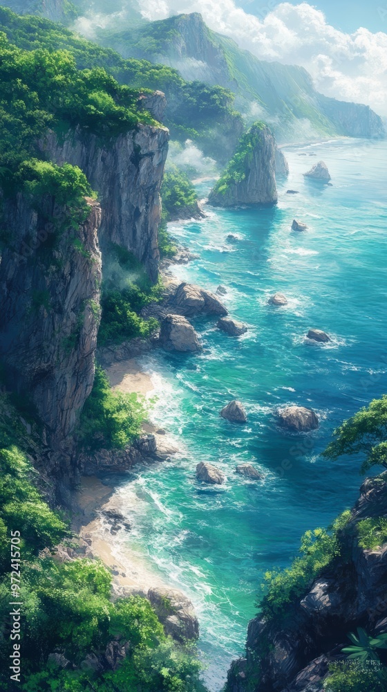 A stunning coastal landscape featuring lush green cliffs, clear blue waters, and rocky outcrops under a bright sky, evoking a sense of tranquility and natural beauty A stunning coastal landscape featuring lush green cliffs, clear blue waters, and rocky outcrops under a bright sky, evoking a sense of tranquility and natural beauty