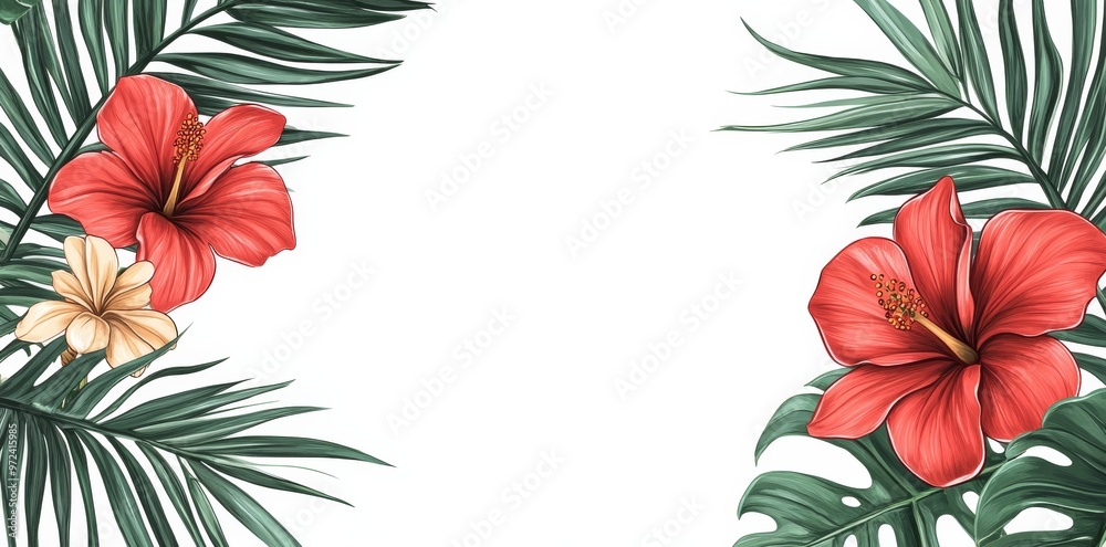 Tropical floral border with leaves and flowers, vector illustration isolated on a white background. Tropical floral border with leaves and flowers, vector illustration isolated on a white background.