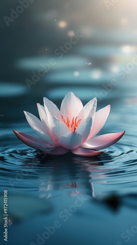 A serene pink lotus flower rises above tranquil water, surrounded by subtle ripples and softly glowing light, evoking a sense of peace and natural beauty