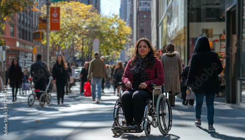 A woman in a wheelchair navigating a busy sidewalk, people walking around her