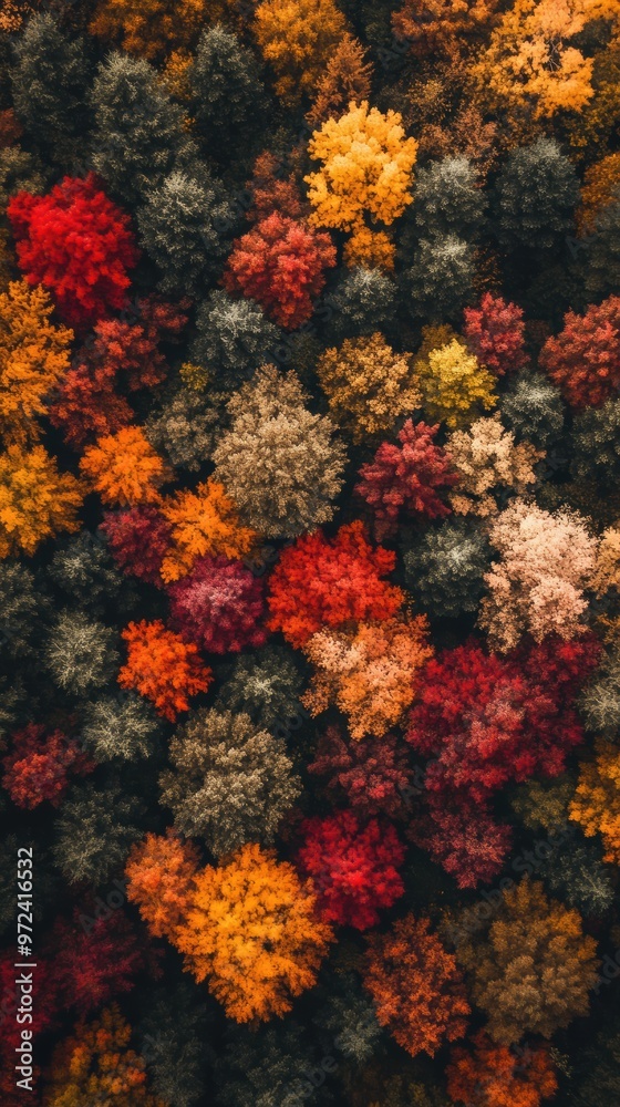 Aerial view of a vibrant autumn forest, showcasing an array of colorful trees in shades of red, orange, yellow, and green, creating a stunning natural tapestry Aerial view of a vibrant autumn forest, showcasing an array of colorful trees in shades of red, orange, yellow, and green, creating a stunning natural tapestry