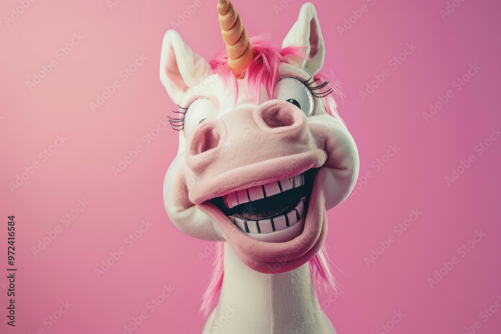 Obraz premium Vibrant Smiling Rainbow Unicorn against Bokeh Background