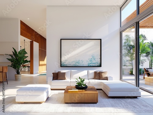 Modern living room with large windows and white sofa.