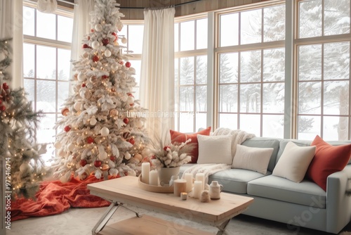 Cozy living room with christmas tree and red gifts in modern interior. Merry christmas background