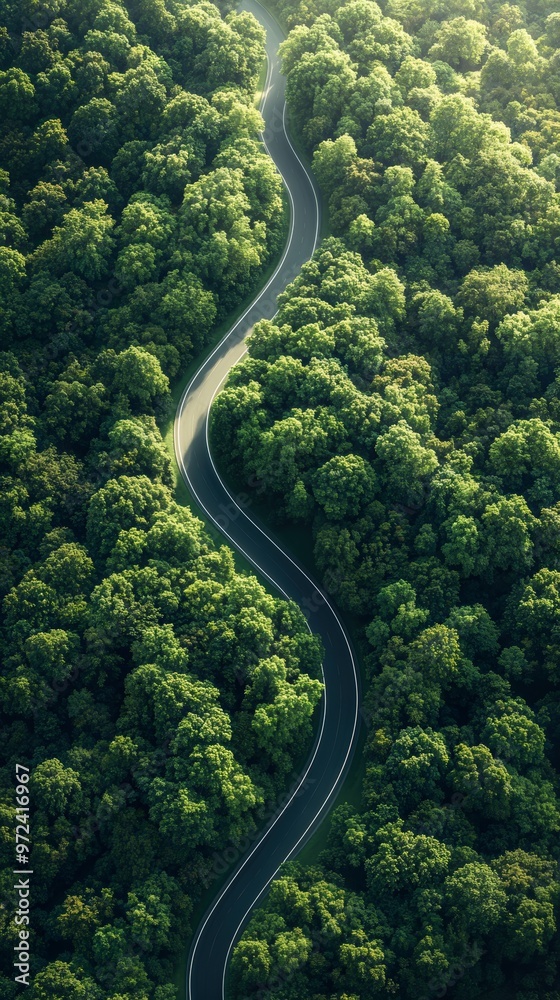 A winding road surrounded by lush green forests, showcasing the beauty of nature and the serenity of the landscape from an aerial perspective. A winding road surrounded by lush green forests, showcasing the beauty of nature and the serenity of the landscape from an aerial perspective.