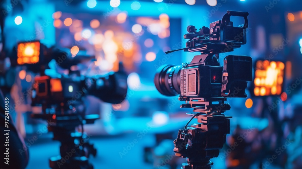 professional cameras filming a show. high-quality video production equipment setup. professional cameras filming a show. high-quality video production equipment setup.
