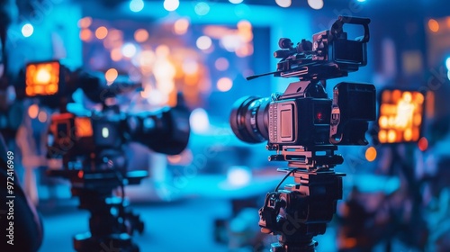 professional cameras filming a show. high-quality video production equipment setup.