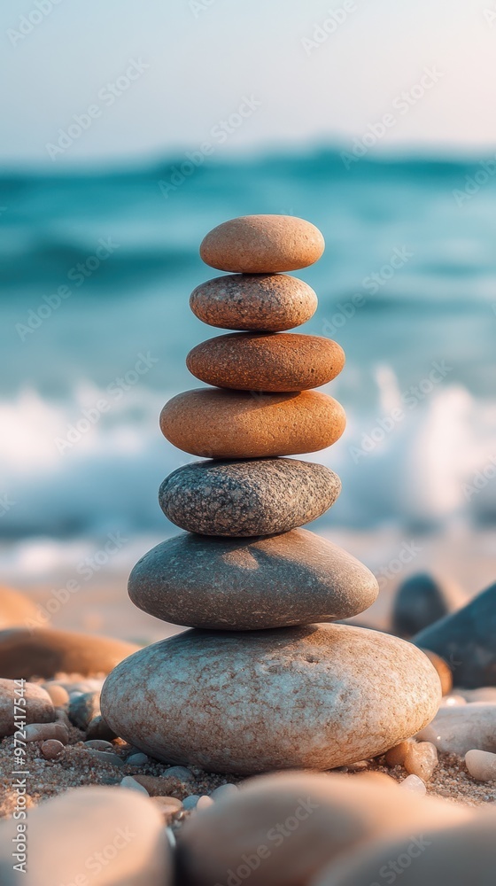 A serene stack of smooth pebbles balanced on a sandy beach, with gentle waves lapping in the background, evoking tranquility and harmony with nature A serene stack of smooth pebbles balanced on a sandy beach, with gentle waves lapping in the background, evoking tranquility and harmony with nature