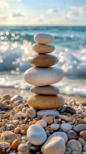 A stack of smooth stones balanced on a pebbly beach, with gentle waves and a serene background, capturing a moment of harmony with nature.