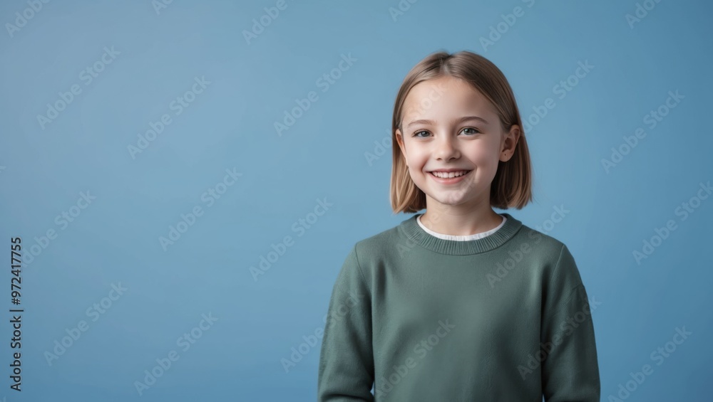 A smiling young girl with a blue background A smiling young girl with a blue background