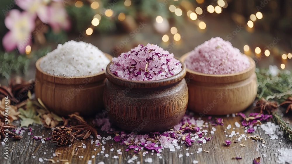 Creating homemade Christmas bath salts with essential oils, dried flowers, and decorative jars for gifting. 4K hyperrealistic photo. Creating homemade Christmas bath salts with essential oils, dried flowers, and decorative jars for gifting. 4K hyperrealistic photo.