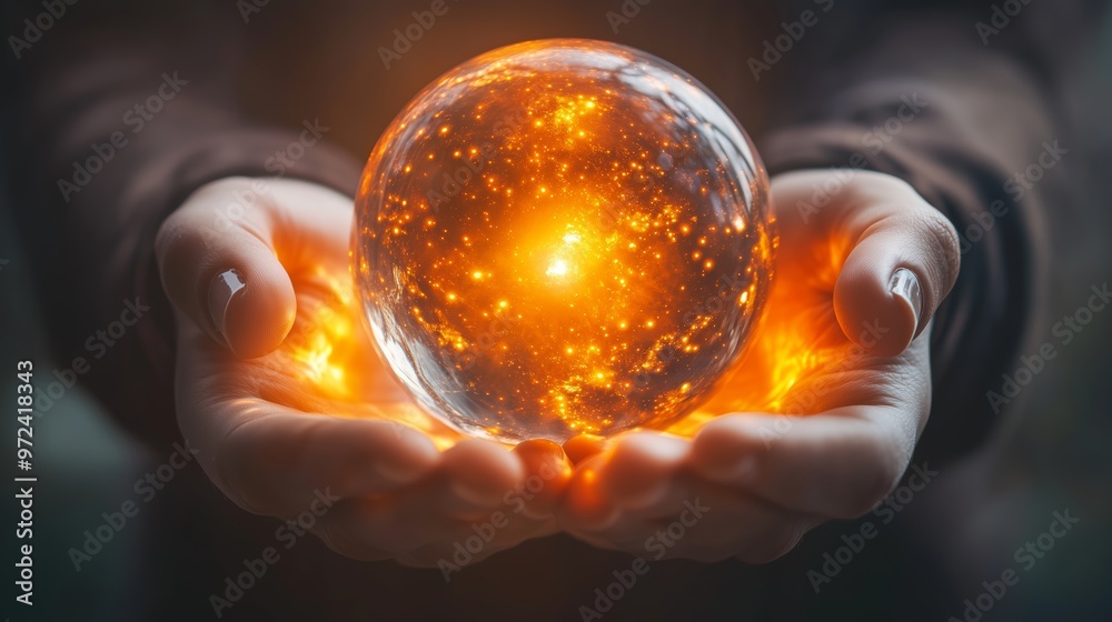 A glowing orb held in hands emits swirling gas and light in a dimly lit setting, capturing the essence of cosmic energy A glowing orb held in hands emits swirling gas and light in a dimly lit setting, capturing the essence of cosmic energy