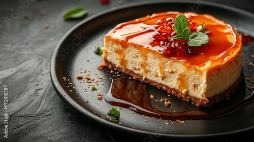 Cheesecake with caramel sauce on black background. Tasty homemade caramel cheesecake