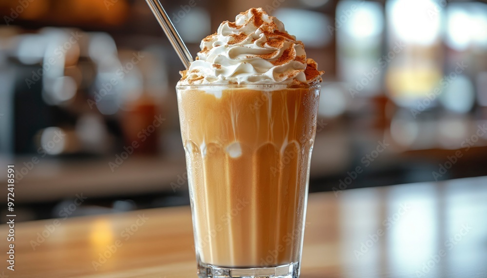 Iced coffee with whipped cream and cinnamon on top in a glass