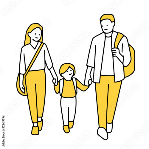 手をつないで歩く親子のイラスト＿父親・母親・子ども