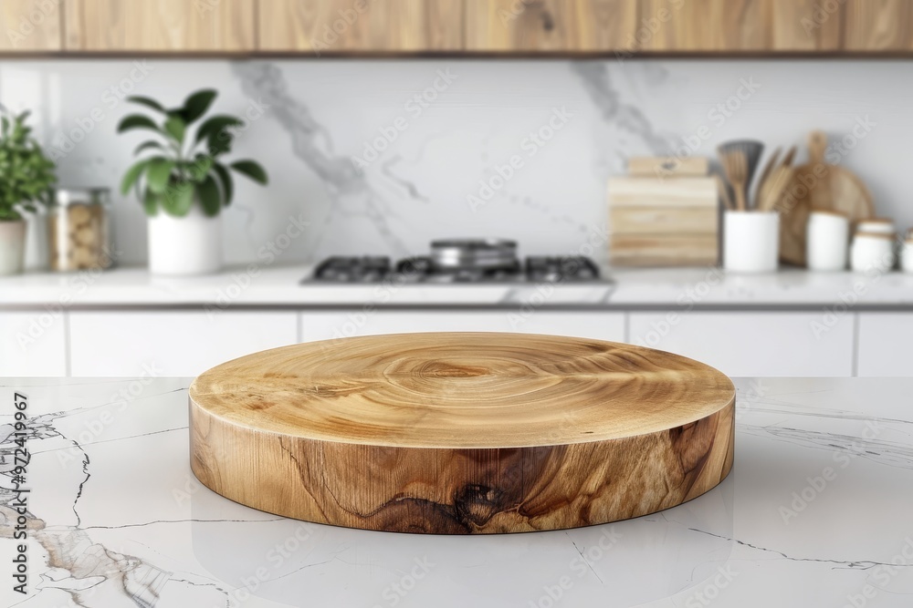 Obraz premium Modern Round Wooden Tabletop Ready for Display in Clean Kitchen.