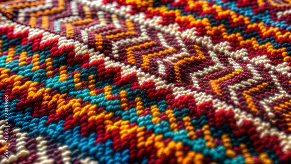 Colorful texture of knitted fabric with ethnic intricate pattern, selective focus Colorful texture of knitted fabric with ethnic intricate pattern, selective focus